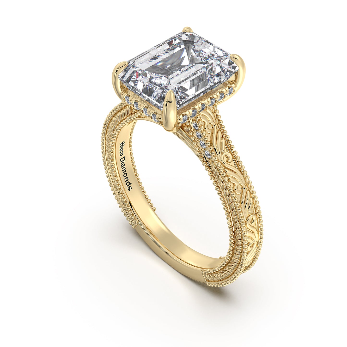 Yellow Gold Emerald Hand-Engraved Diamond Engagement Ring Side Profile | Waco Diamonds Is Located In Waco, TX | Central Texas' #1 Engagement Ring Store With Lifetime Warranty