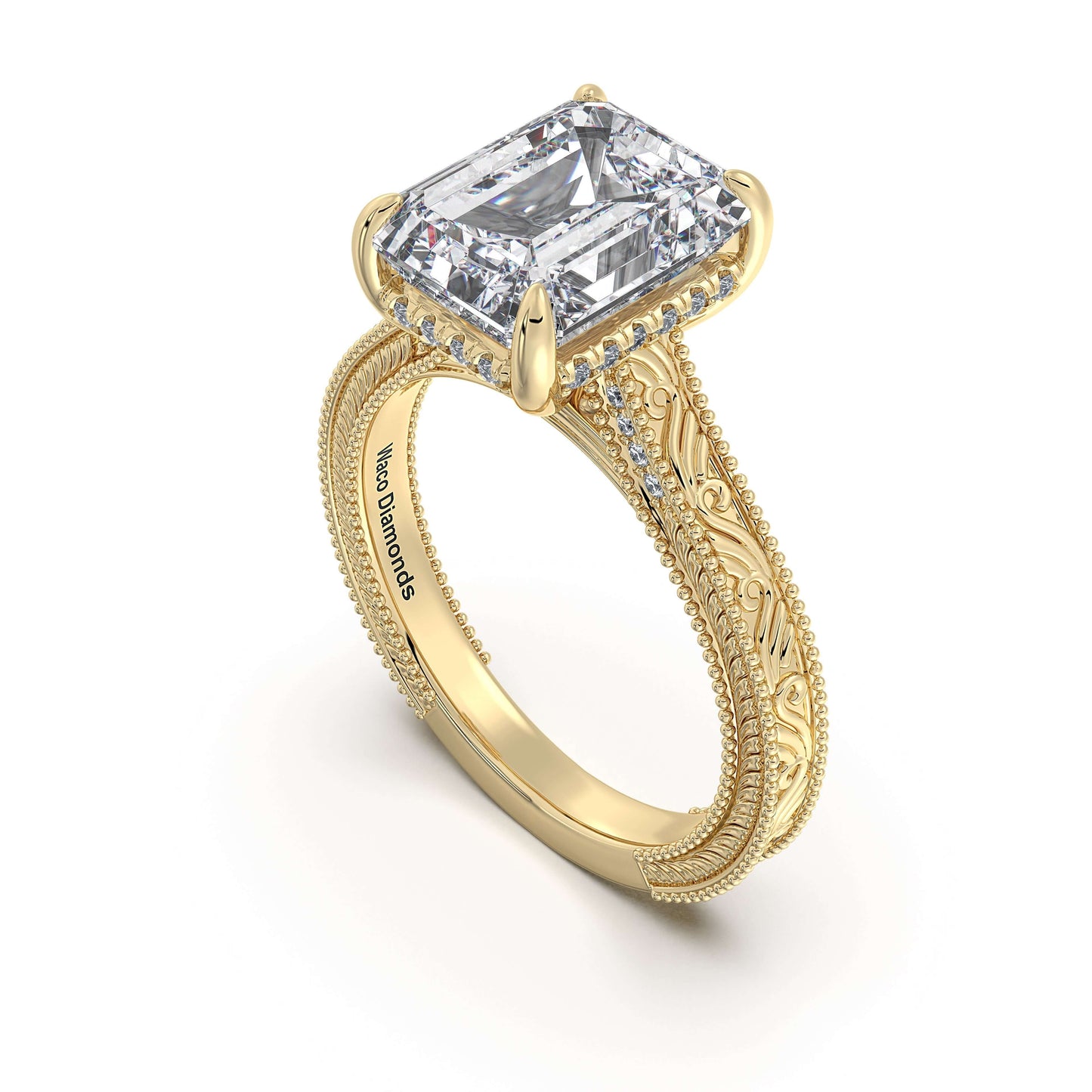 Yellow Gold Emerald Hand-Engraved Diamond Engagement Ring Side Profile | Waco Diamonds Is Located In Waco, TX | Central Texas' #1 Engagement Ring Store With Lifetime Warranty