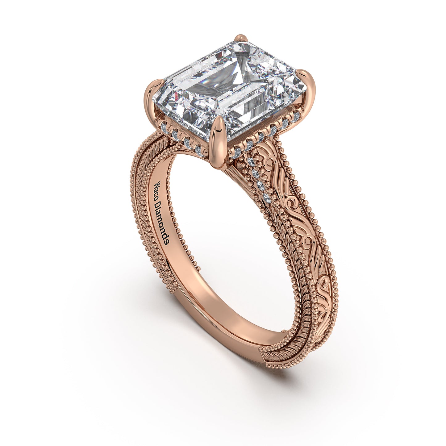 Rose Gold Emerald Hand-Engraved Diamond Engagement Ring Side Profile | Waco Diamonds Is Located In Waco, TX | Central Texas' #1 Engagement Ring Store With Lifetime Warranty
