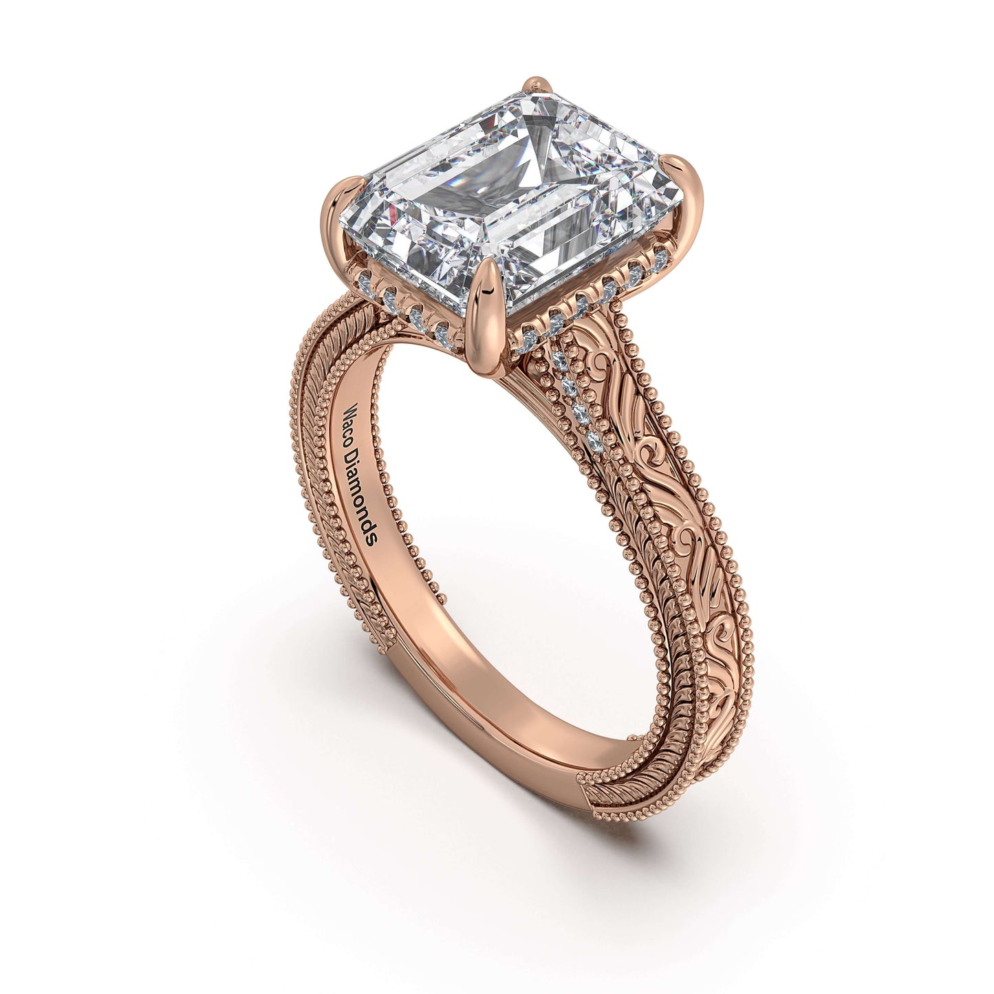 Rose Gold Emerald Hand-Engraved Diamond Engagement Ring Side Profile | Waco Diamonds Is Located In Waco, TX | Central Texas' #1 Engagement Ring Store With Lifetime Warranty