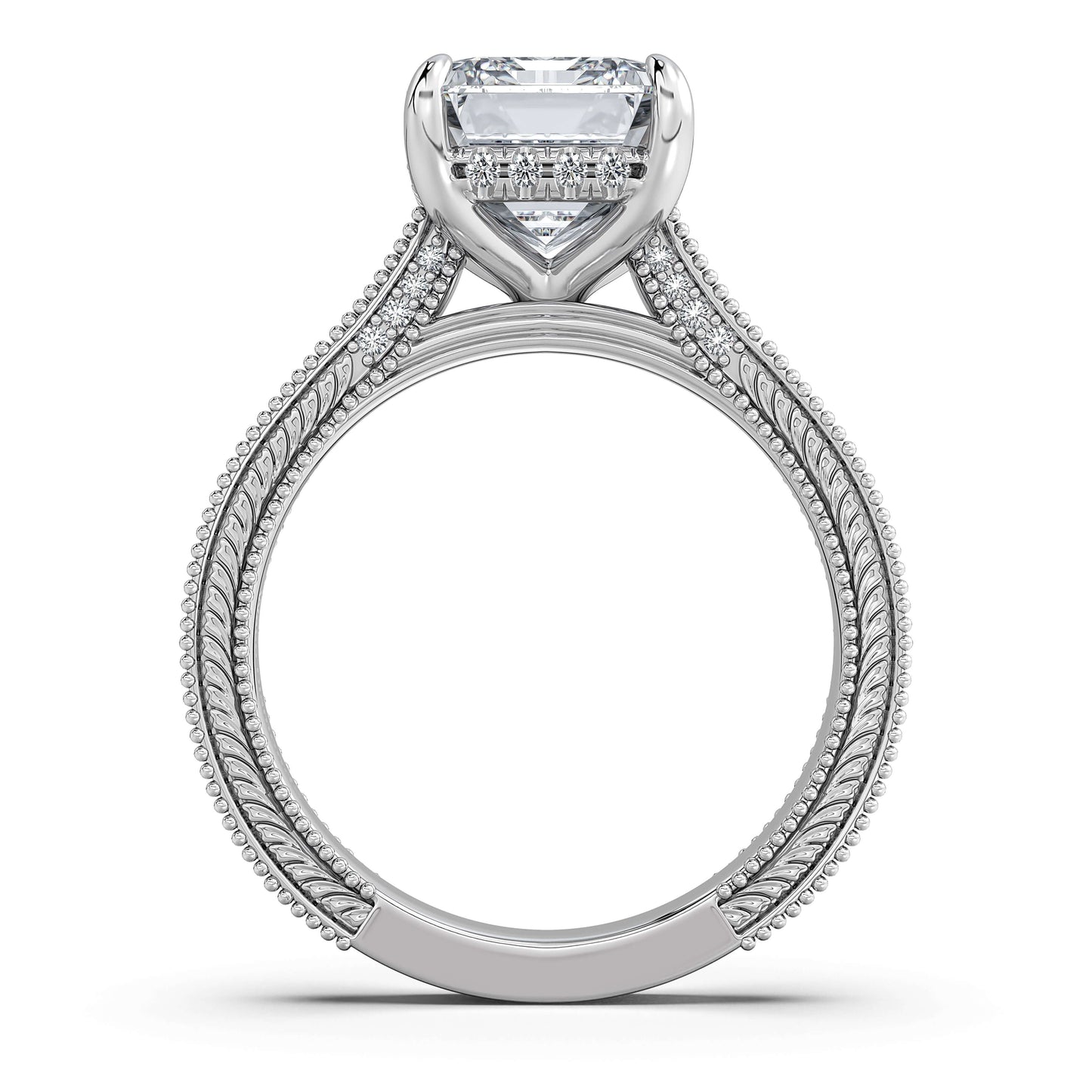 White Gold Emerald Hand-Engraved Diamond Engagement Ring Profile View | Waco Diamonds Is Located In Waco, TX | Central Texas' #1 Engagement Ring Store With Lifetime Warranty