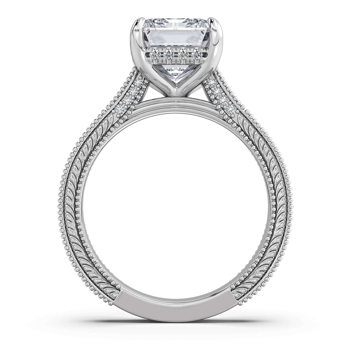 White Gold Emerald Hand-Engraved Diamond Engagement Ring Profile View | Waco Diamonds Is Located In Waco, TX | Central Texas' #1 Engagement Ring Store With Lifetime Warranty