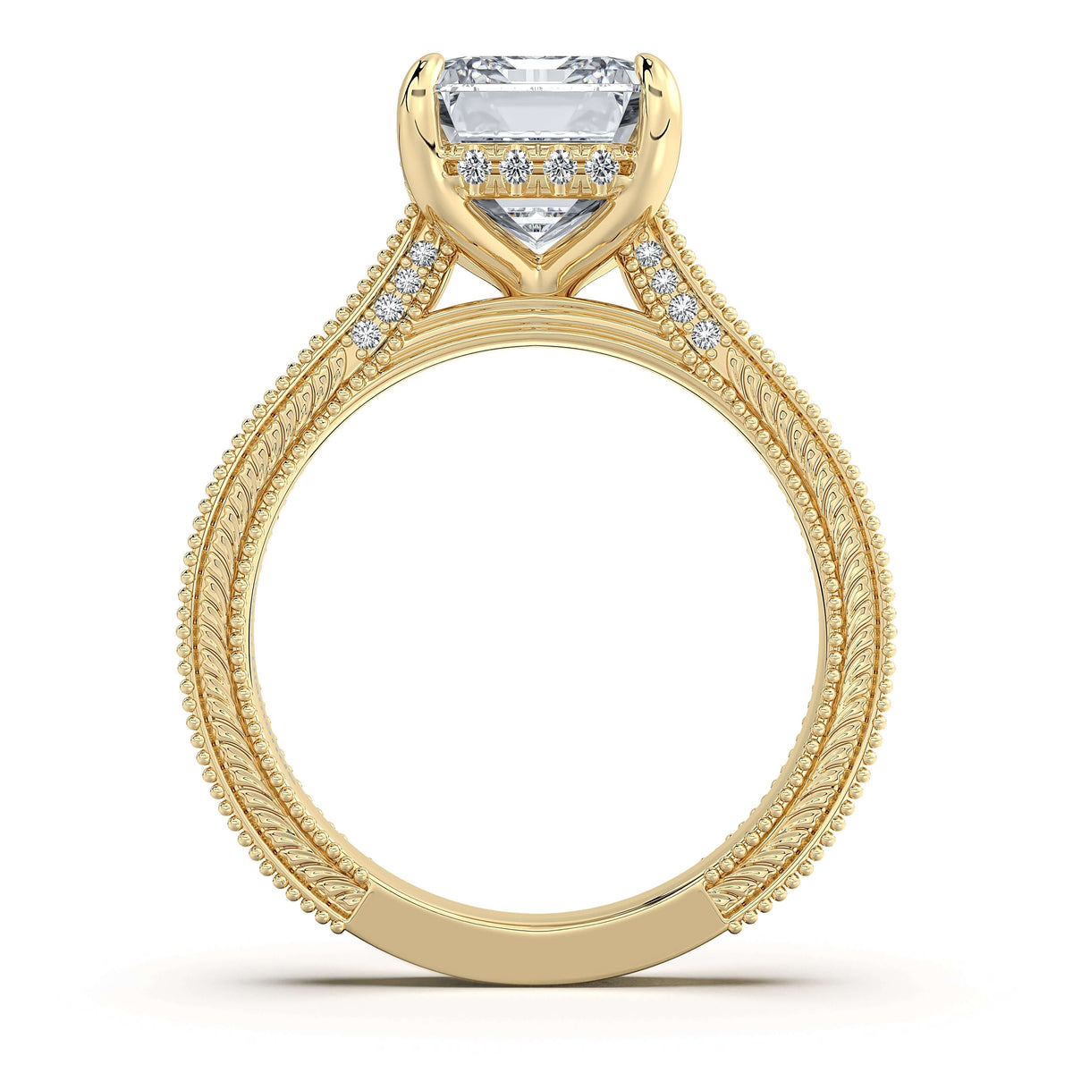 Yellow Gold Emerald Hand-Engraved Diamond Engagement Ring Profile View | Waco Diamonds Is Located In Waco, TX | Central Texas' #1 Engagement Ring Store With Lifetime Warranty