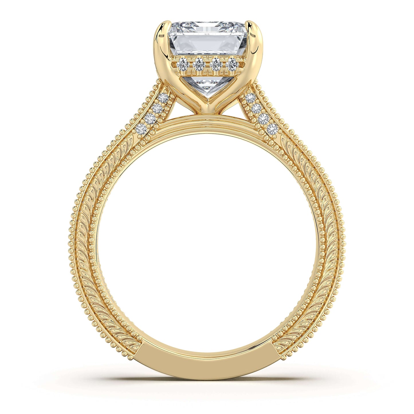 Yellow Gold Emerald Hand-Engraved Diamond Engagement Ring Profile View | Waco Diamonds Is Located In Waco, TX | Central Texas' #1 Engagement Ring Store With Lifetime Warranty