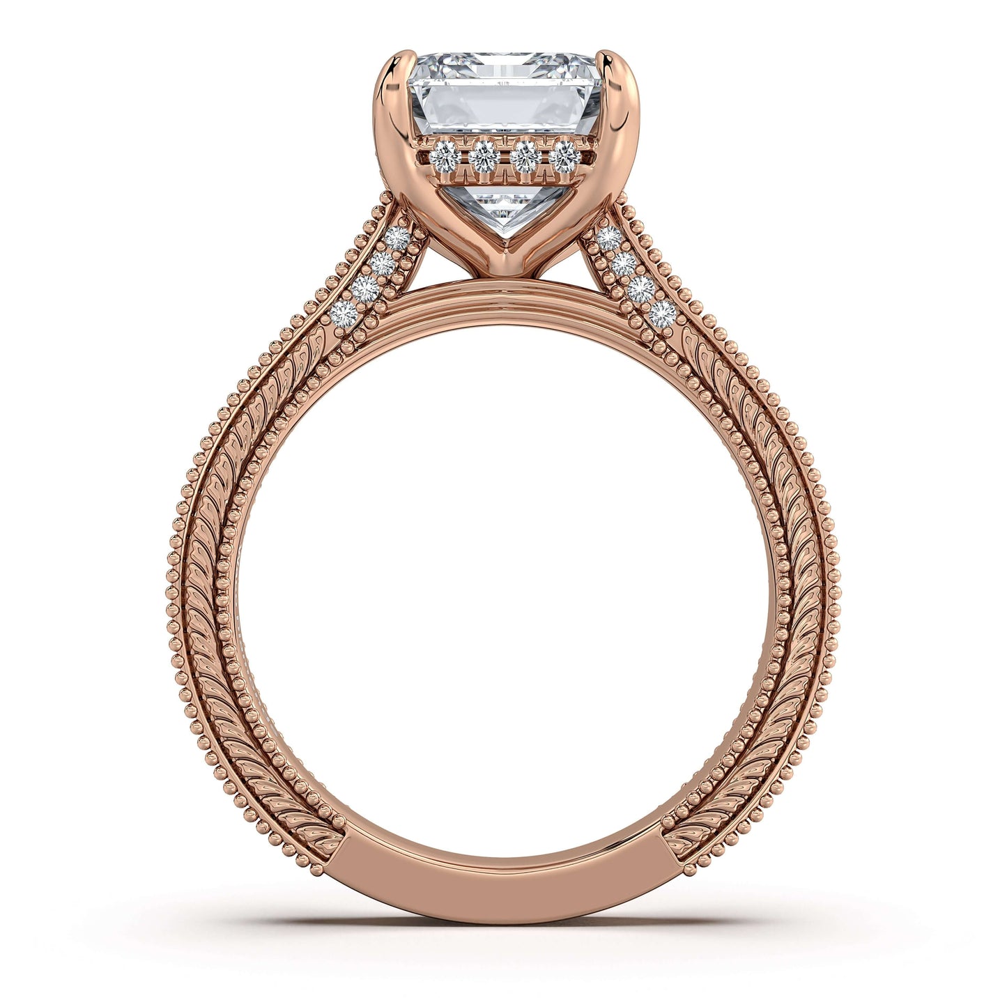 Rose Gold Emerald Hand-Engraved Diamond Engagement Ring Profile View | Waco Diamonds Is Located In Waco, TX | Central Texas' #1 Engagement Ring Store With Lifetime Warranty