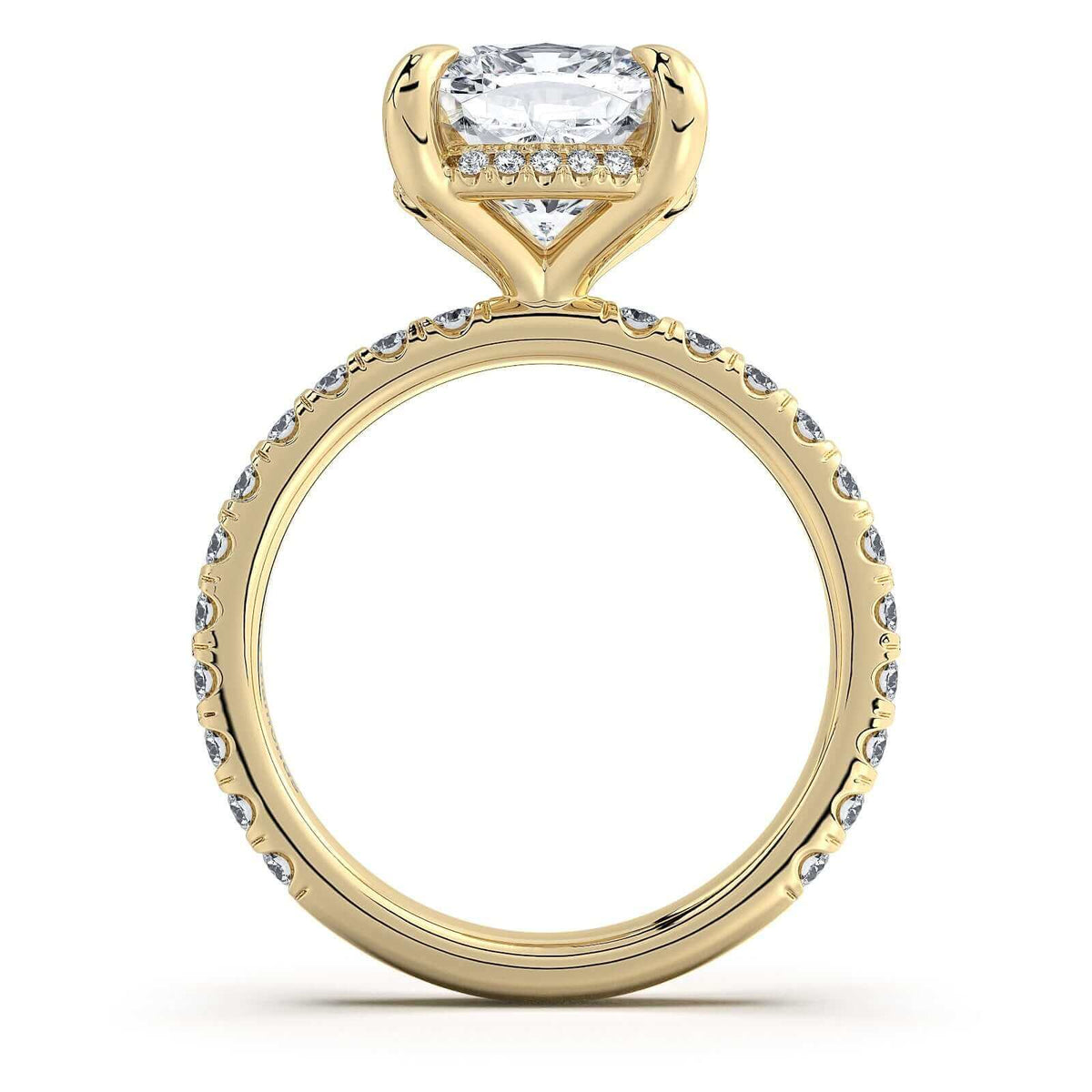 Yellow Gold Cushion Diamond Engagement Ring with Pave Band Profile View | Waco Diamonds Is Located In Waco, TX | Central Texas' #1 Engagement Ring Store With Lifetime Warranty