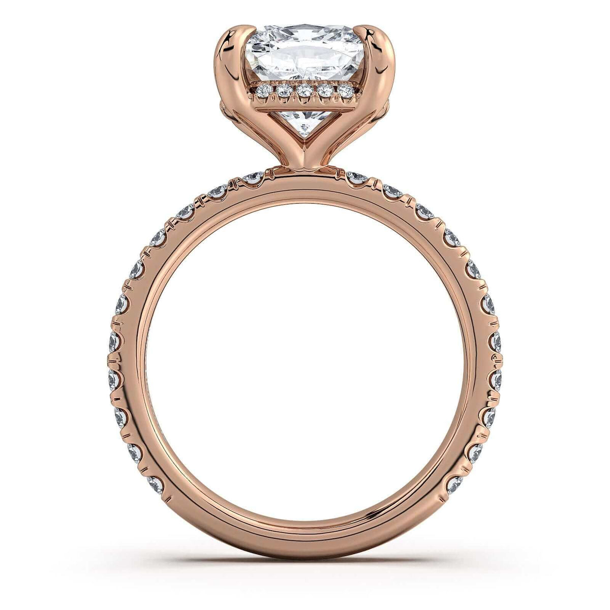 Rose Gold Cushion Diamond Engagement Ring with Pave Band Profile View | Waco Diamonds Is Located In Waco, TX | Central Texas' #1 Engagement Ring Store With Lifetime Warranty