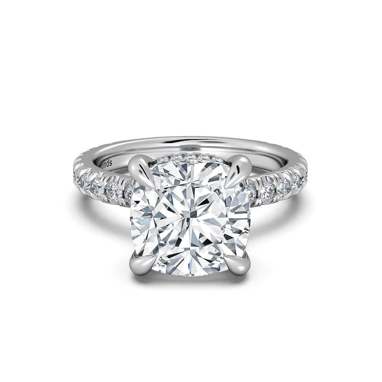 White Gold Cushion Diamond Engagement Ring with Pave Band | Waco Diamonds Is Located In Waco, TX | Central Texas' #1 Engagement Ring Store With Lifetime Warranty