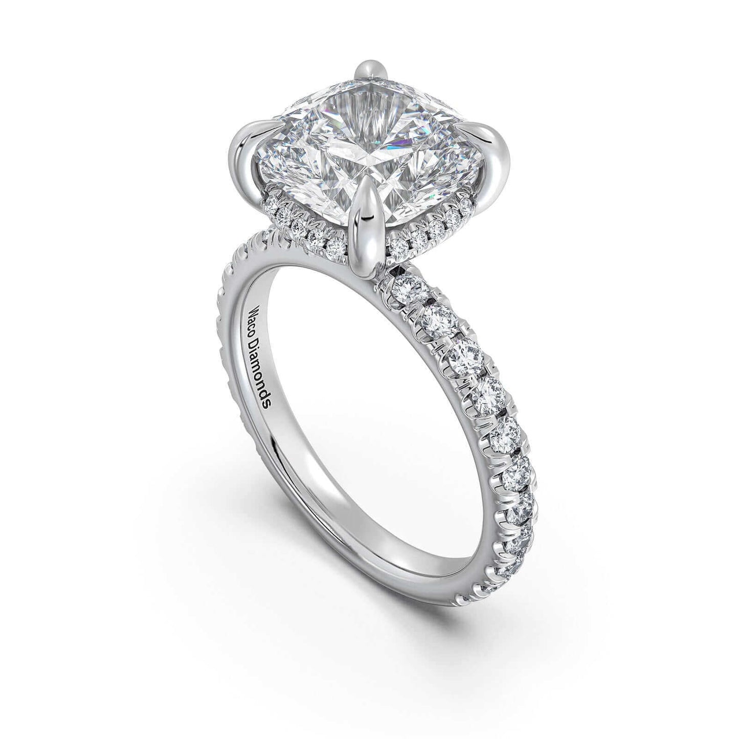 White Gold Cushion Diamond Engagement Ring with Pave Band | Waco Diamonds Is Located In Waco, TX | Central Texas' #1 Engagement Ring Store With Lifetime Warranty
