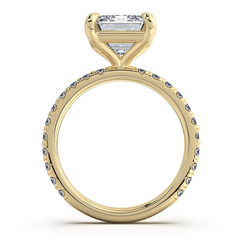 Load image 1 in gallery view. Yellow Gold Emerald Diamond Engagement Ring with Pave Band Profile View | Waco Diamonds Is Located In Waco, TX | Central Texas' #1 Engagement Ring Store With Lifetime Warranty
