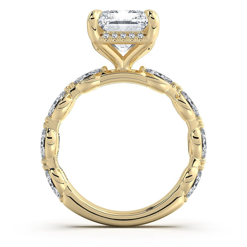 Load image 1 in gallery view. Yellow Gold Radiant Diamond Engagement Ring with Marquise Side Stone Band Profile View | Waco Diamonds Is Located In Waco, TX | Central Texas' #1 Engagement Ring Store With Lifetime Warranty