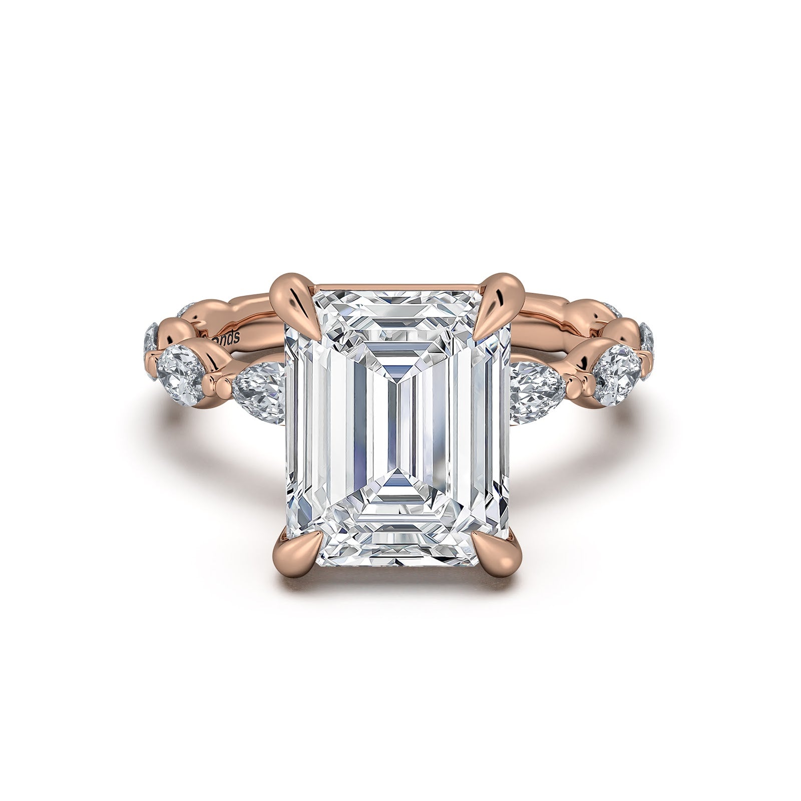 Rose Gold Emerald Diamond Engagement Ring with Marquise Side Stone Band | Waco Diamonds Is Located In Waco, TX | Central Texas' #1 Engagement Ring Store With Lifetime Warranty