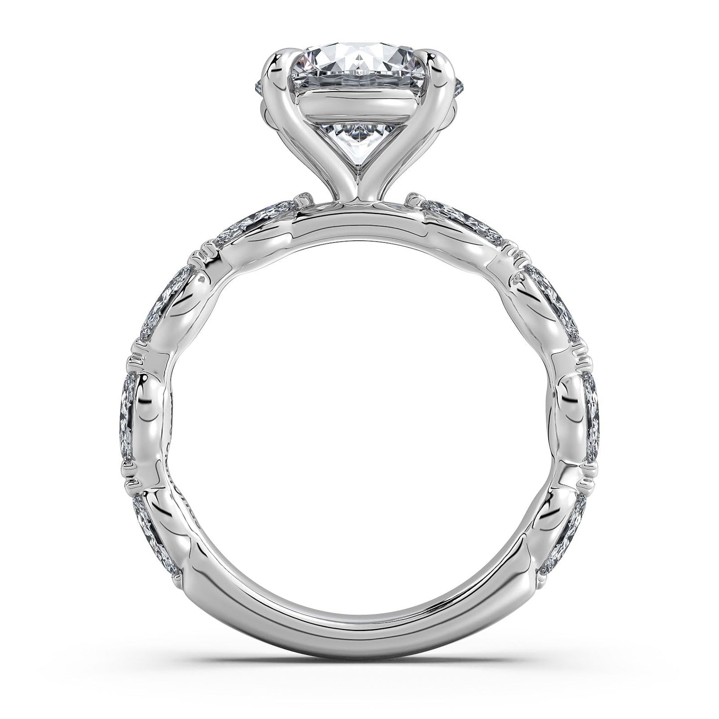 White Gold Round Diamond Engagement Ring with Marquise Side Stone Band Profile View | Waco Diamonds Is Located In Waco, TX | Central Texas' #1 Engagement Ring Store With Lifetime Warranty
