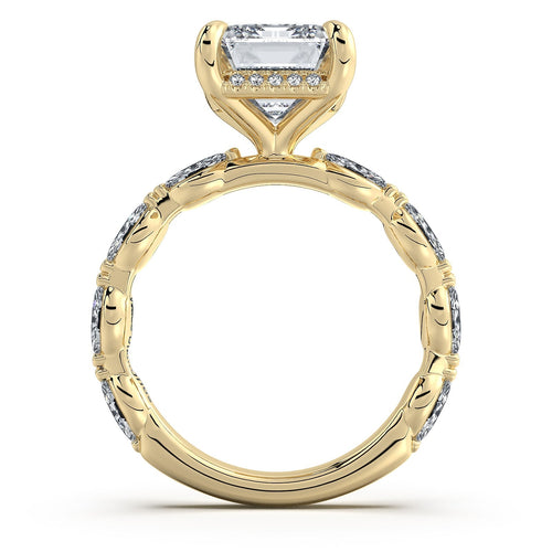 Load image 1 in gallery view. Yellow Gold Emerald Diamond Engagement Ring with Marquise Side Stone Band Profile View | Waco Diamonds Is Located In Waco, TX | Central Texas' #1 Engagement Ring Store With Lifetime Warranty