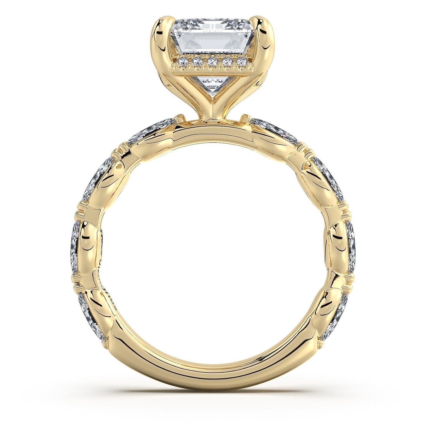Yellow Gold Emerald Diamond Engagement Ring with Marquise Side Stone Band | Waco Diamonds Is Located In Waco, TX | Central Texas' #1 Engagement Ring Store With Lifetime Warranty