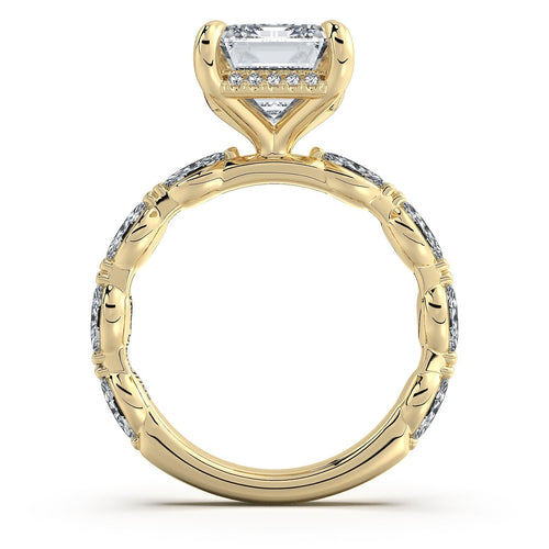 Load image 1 in gallery view. Yellow Gold Emerald Diamond Engagement Ring with Marquise Side Stone Band | Waco Diamonds Is Located In Waco, TX | Central Texas' #1 Engagement Ring Store With Lifetime Warranty