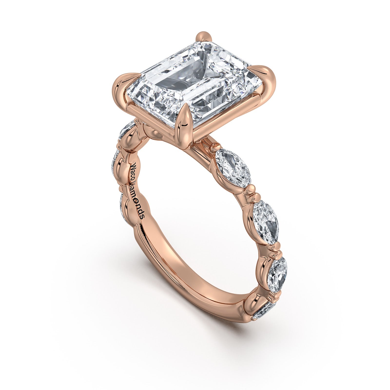 Rose Gold Emerald Diamond Engagement Ring with Marquise Side Stone Band Side Profile | Waco Diamonds Is Located In Waco, TX | Central Texas' #1 Engagement Ring Store With Lifetime Warranty