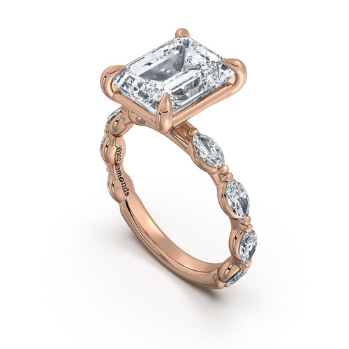 Load image 1 in gallery view. Rose Gold Emerald Diamond Engagement Ring with Marquise Side Stone Band | Waco Diamonds Is Located In Waco, TX | Central Texas' #1 Engagement Ring Store With Lifetime Warranty