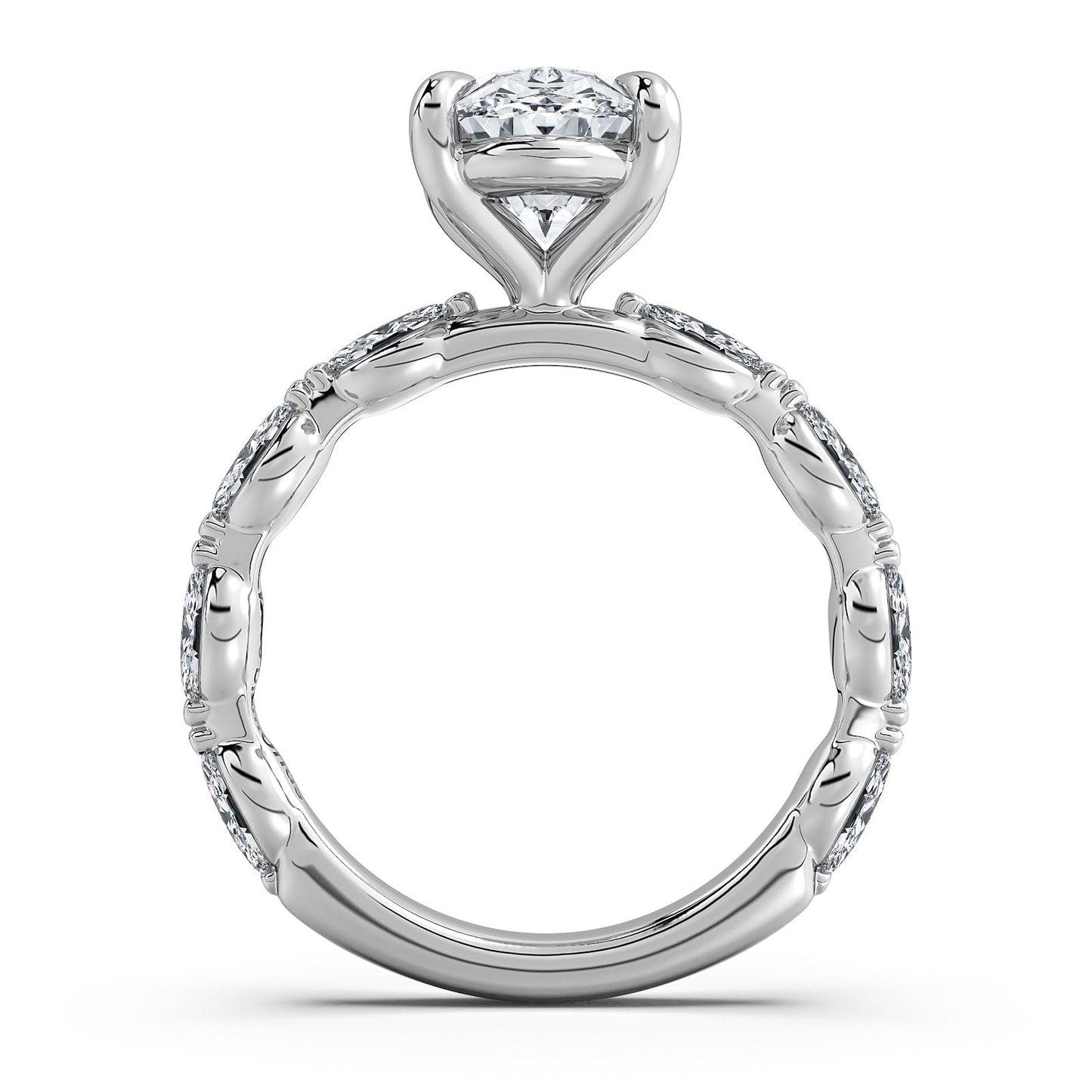 White Gold Oval Diamond Engagement Ring with Marquise Side Stone Band Profile View | Waco Diamonds Is Located In Waco, TX | Central Texas' #1 Engagement Ring Store With Lifetime Warranty