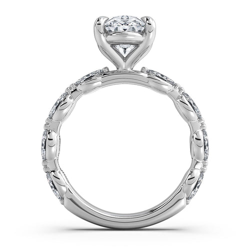 Load image 1 in gallery view. White Gold Oval Diamond Engagement Ring with Marquise Side Stone Band Profile View | Waco Diamonds Is Located In Waco, TX | Central Texas' #1 Engagement Ring Store With Lifetime Warranty