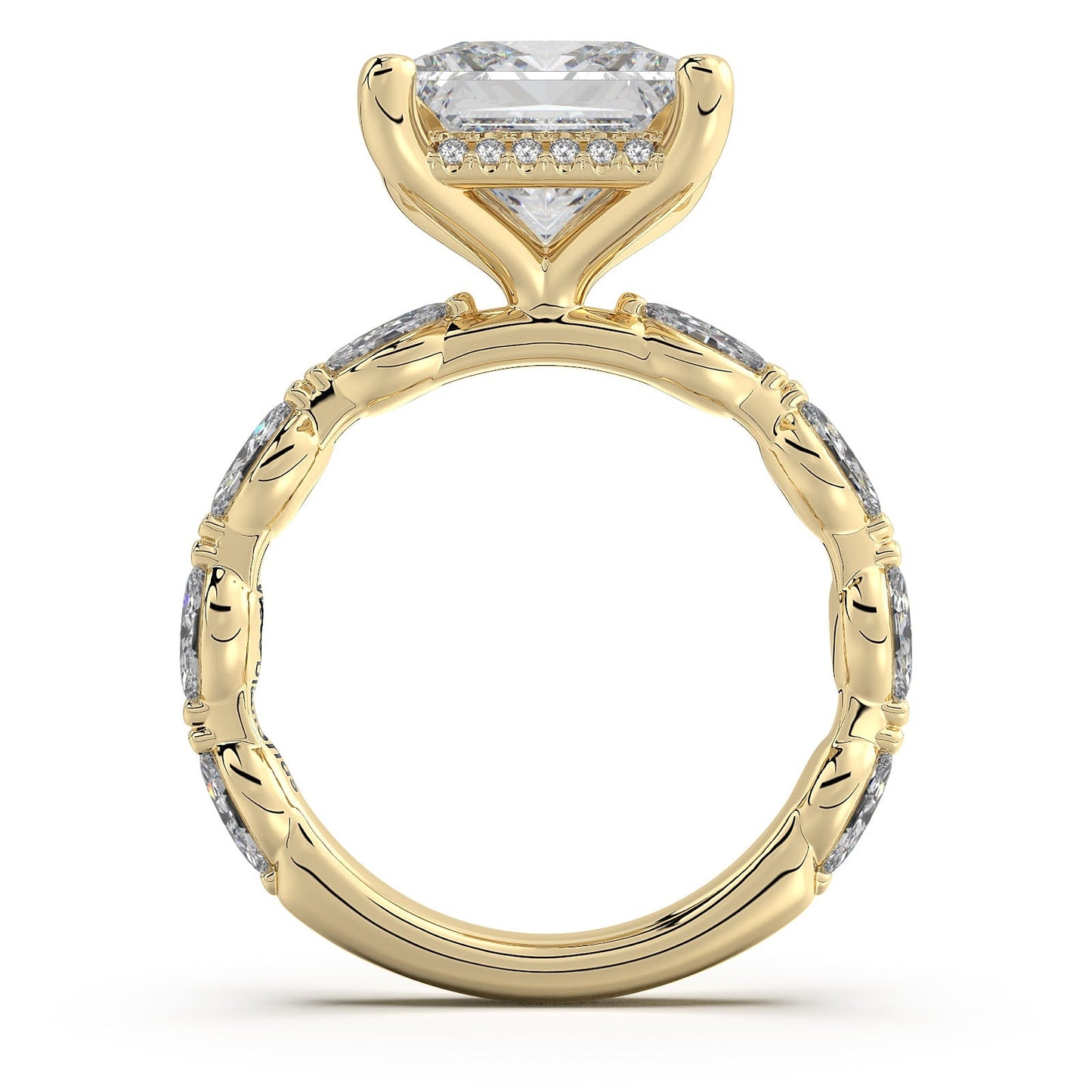 Yellow Gold Princess Diamond Engagement Ring with Marquise Side Stone Band Profile View | Waco Diamonds Is Located In Waco, TX | Central Texas' #1 Engagement Ring Store With Lifetime Warranty