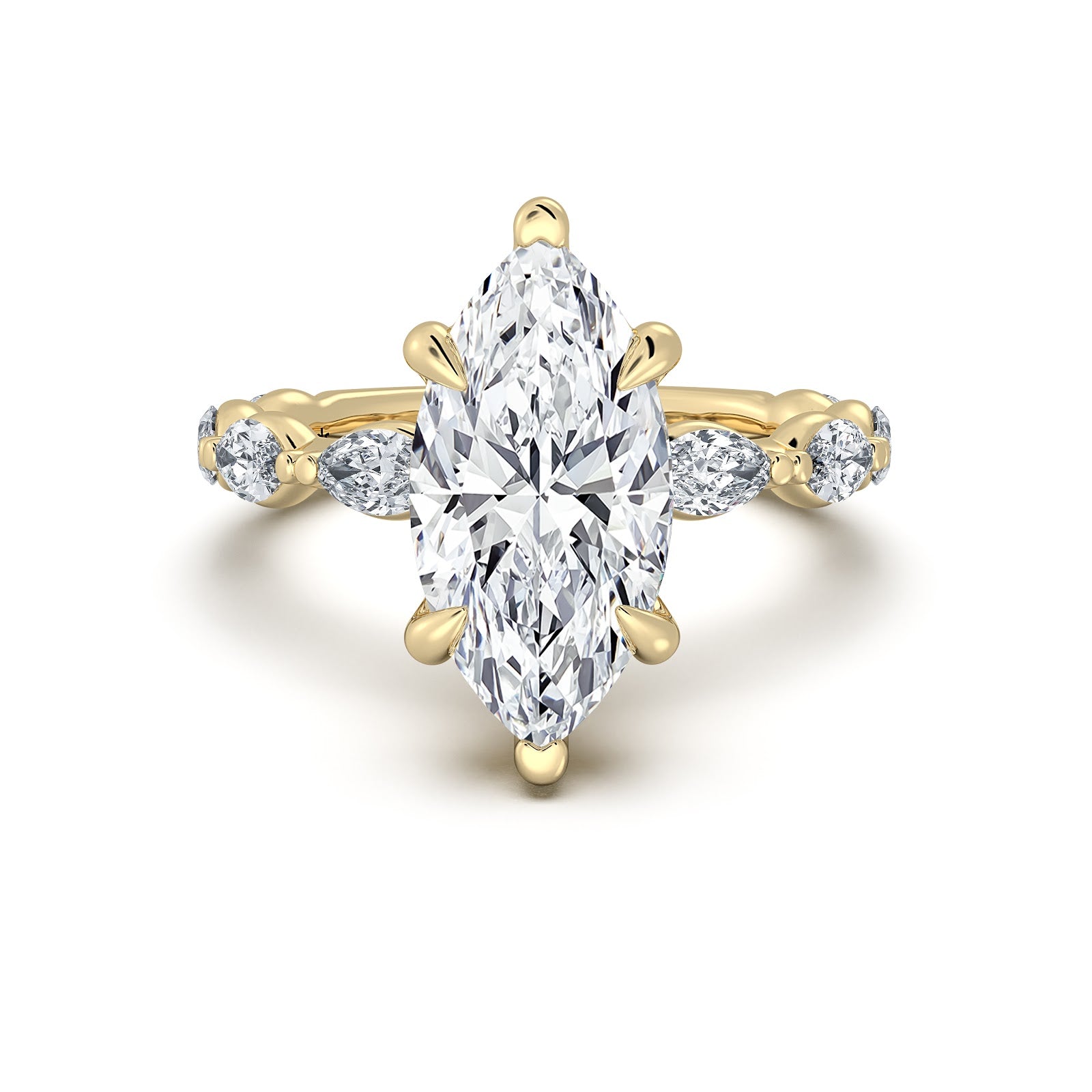 Yellow Gold Marquise Diamond Engagement Ring with Marquise Side Stone Band | Waco Diamonds Is Located In Waco, TX | Central Texas' #1 Engagement Ring Store With Lifetime Warranty
