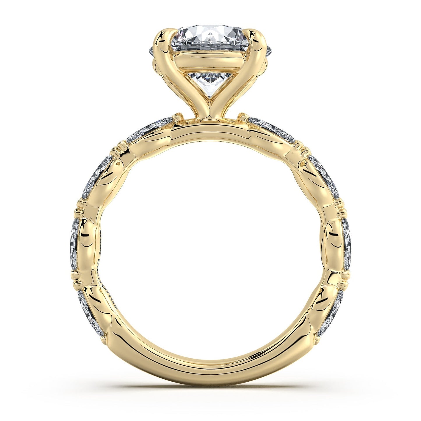 Yellow Gold Round Diamond Engagement Ring with Marquise Side Stone Band Profile View | Waco Diamonds Is Located In Waco, TX | Central Texas' #1 Engagement Ring Store With Lifetime Warranty