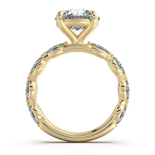 Load image 1 in gallery view. Yellow Gold Round Diamond Engagement Ring with Marquise Side Stone Band Profile View | Waco Diamonds Is Located In Waco, TX | Central Texas' #1 Engagement Ring Store With Lifetime Warranty