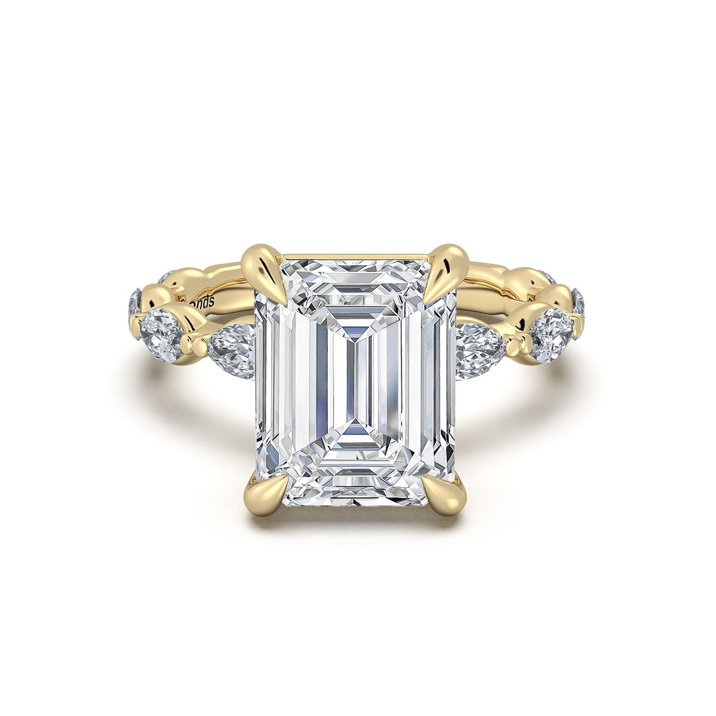Yellow Gold Emerald Diamond Engagement Ring with Marquise Side Stone Band | Waco Diamonds Is Located In Waco, TX | Central Texas' #1 Engagement Ring Store With Lifetime Warranty
