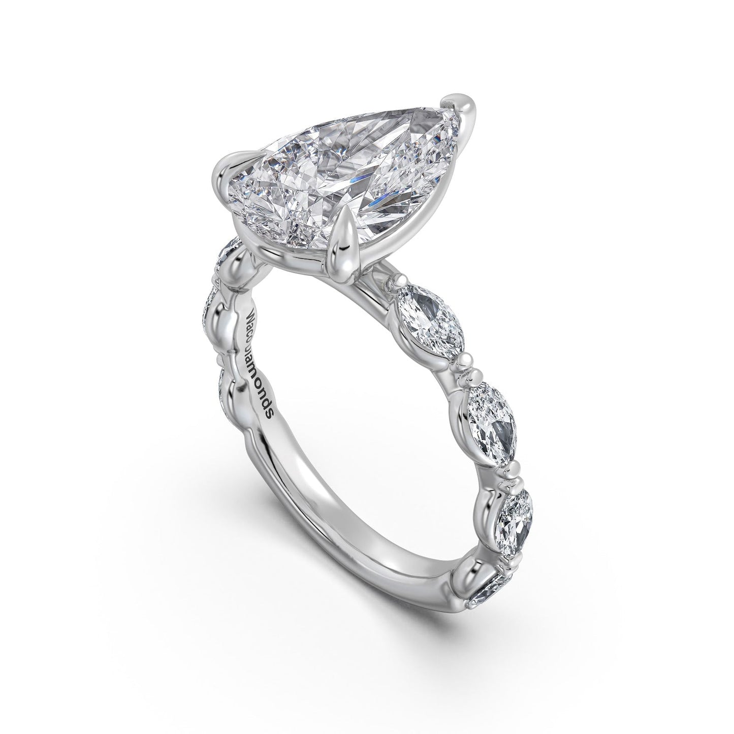 White Gold Pear Diamond Engagement Ring with Marquise Side Stone Band | Waco Diamonds Is Located In Waco, TX | Central Texas' #1 Engagement Ring Store With Lifetime Warranty
