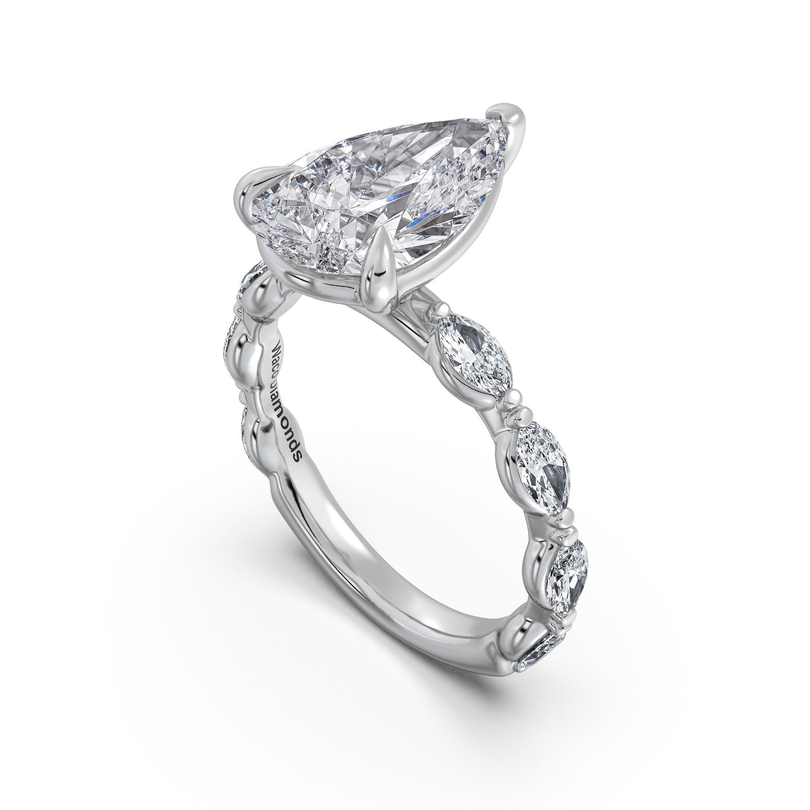 White Gold Pear Diamond Engagement Ring with Marquise Side Stone Band Side Profile | Waco Diamonds Is Located In Waco, TX | Central Texas' #1 Engagement Ring Store With Lifetime Warranty