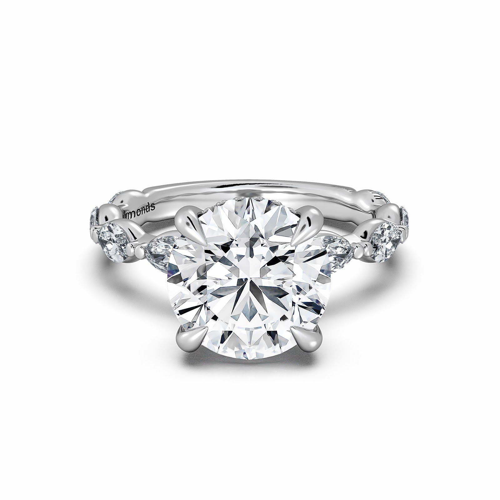 White Gold Round Diamond Engagement Ring with Marquise Side Stone Band | Waco Diamonds Is Located In Waco, TX | Central Texas' #1 Engagement Ring Store With Lifetime Warranty