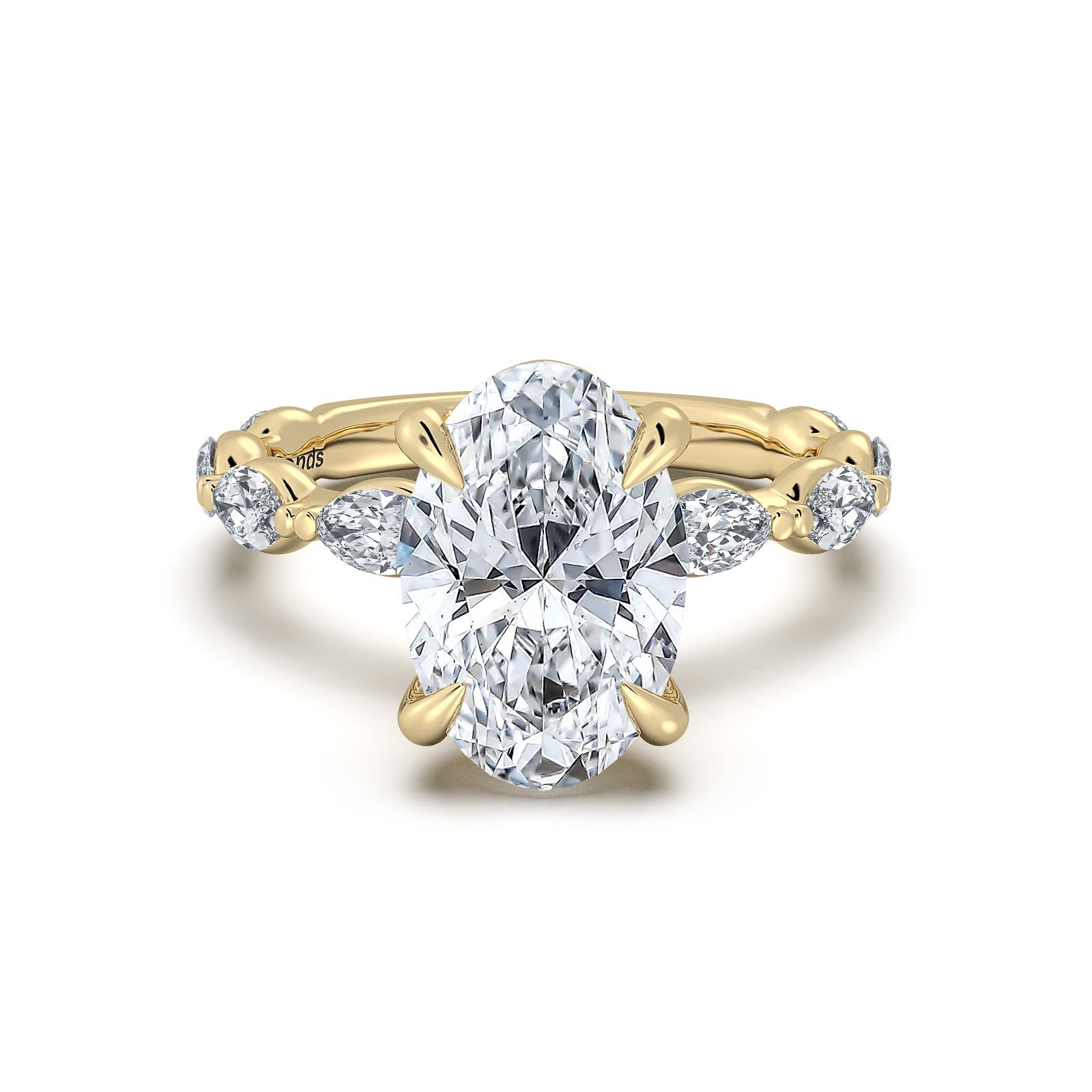 Yellow Gold Oval Diamond Engagement Ring with Marquise Side Stone Band | Waco Diamonds Is Located In Waco, TX | Central Texas' #1 Engagement Ring Store With Lifetime Warranty