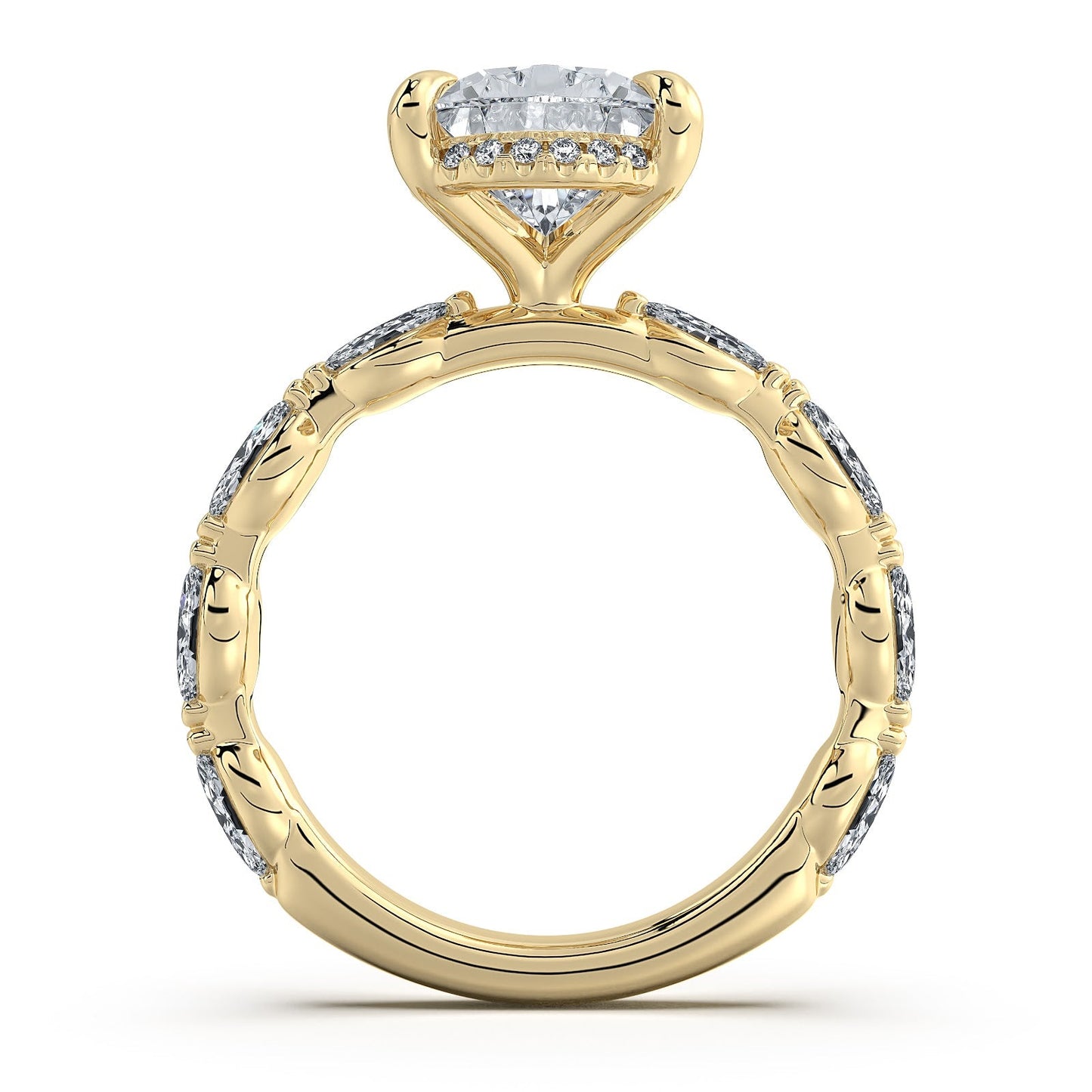 Yellow Gold Pear Diamond Engagement Ring with Marquise Side Stone Band Profile View | Waco Diamonds Is Located In Waco, TX | Central Texas' #1 Engagement Ring Store With Lifetime Warranty