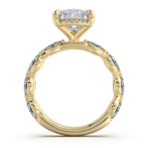 Load image 1 in gallery view. Yellow Gold Pear Diamond Engagement Ring with Marquise Side Stone Band Profile View | Waco Diamonds Is Located In Waco, TX | Central Texas' #1 Engagement Ring Store With Lifetime Warranty