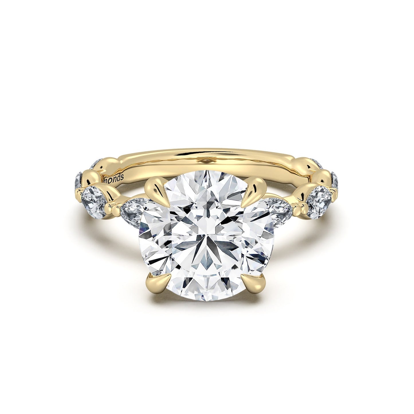 Yellow Gold Round Diamond Engagement Ring with Marquise Side Stone Band | Waco Diamonds Is Located In Waco, TX | Central Texas' #1 Engagement Ring Store With Lifetime Warranty