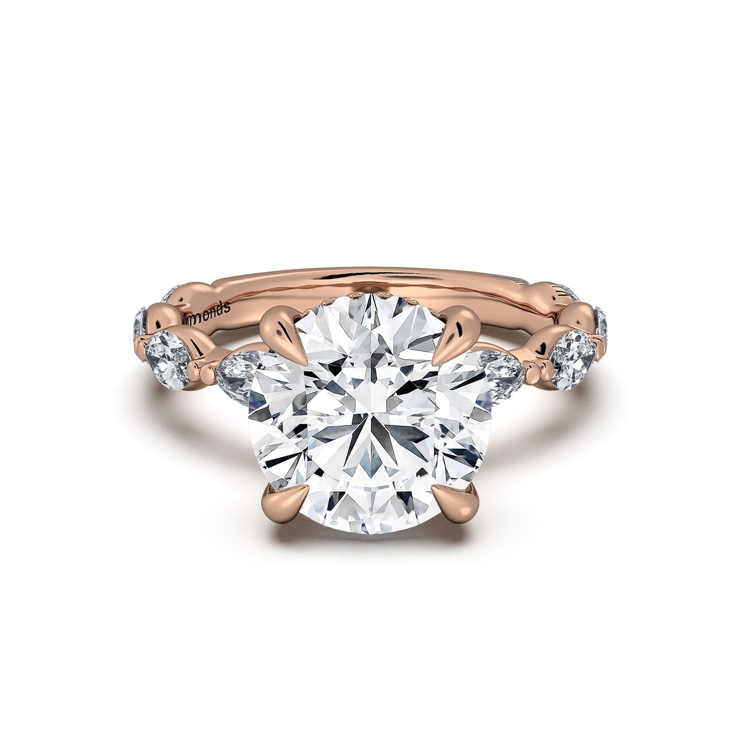 Rose Gold Round Diamond Engagement Ring with Marquise Side Stone Band | Waco Diamonds Is Located In Waco, TX | Central Texas' #1 Engagement Ring Store With Lifetime Warranty