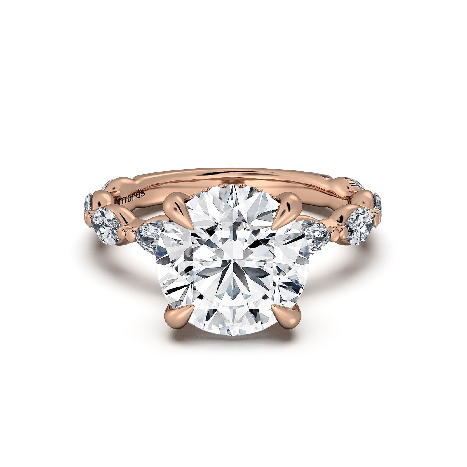 Rose Gold Round Diamond Engagement Ring with Marquise Side Stone Band | Waco Diamonds Is Located In Waco, TX | Central Texas' #1 Engagement Ring Store With Lifetime Warranty