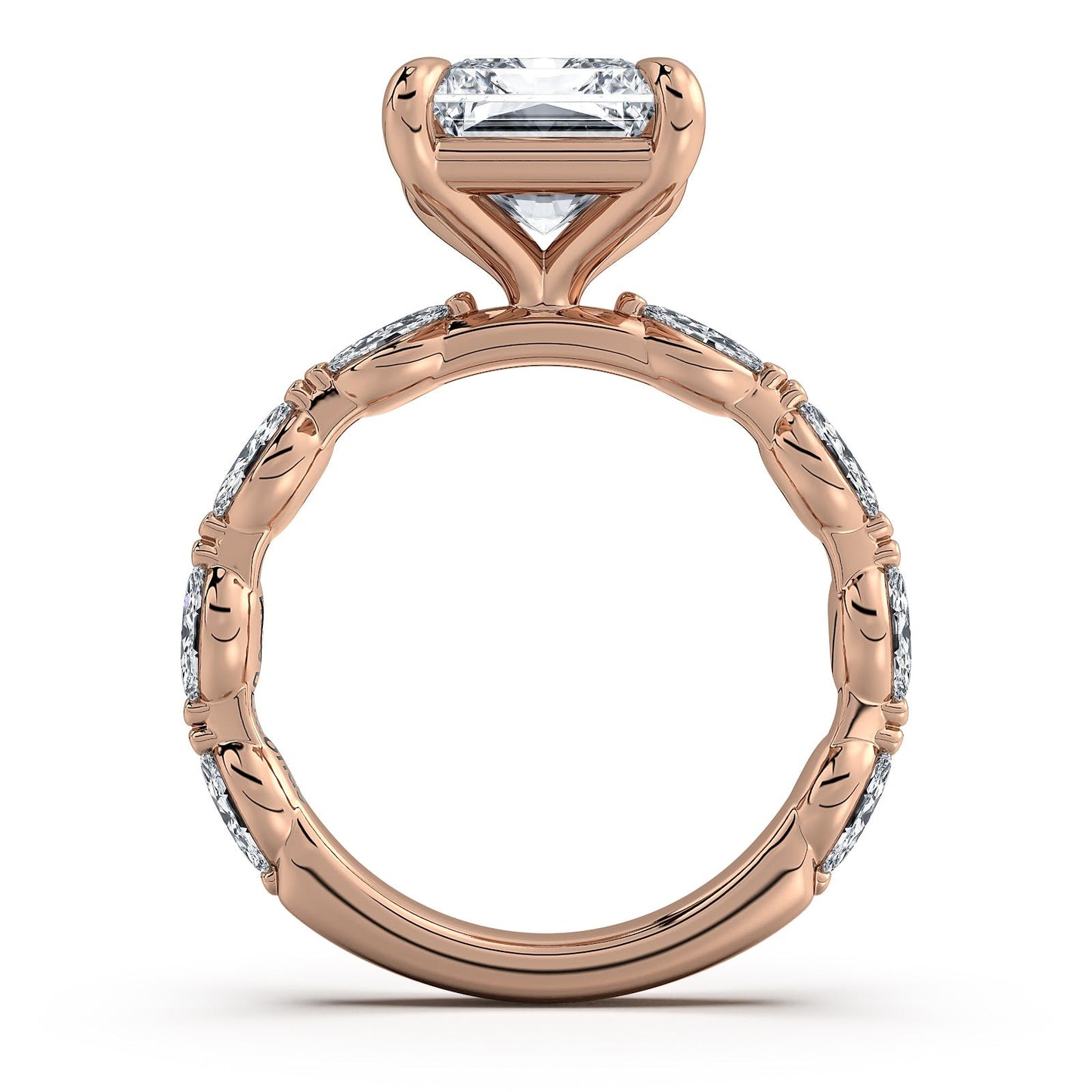 Rose Gold Radiant Diamond Engagement Ring with Marquise Side Stone Band Profile View | Waco Diamonds Is Located In Waco, TX | Central Texas' #1 Engagement Ring Store With Lifetime Warranty