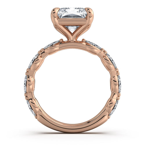 Load image 1 in gallery view. Rose Gold Radiant Diamond Engagement Ring with Marquise Side Stone Band Profile View | Waco Diamonds Is Located In Waco, TX | Central Texas' #1 Engagement Ring Store With Lifetime Warranty