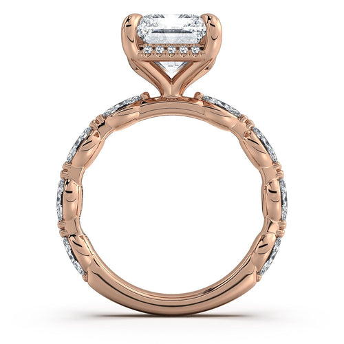 Load image 1 in gallery view. Rose Gold Radiant Diamond Engagement Ring with Marquise Side Stone Band Profile View | Waco Diamonds Is Located In Waco, TX | Central Texas' #1 Engagement Ring Store With Lifetime Warranty