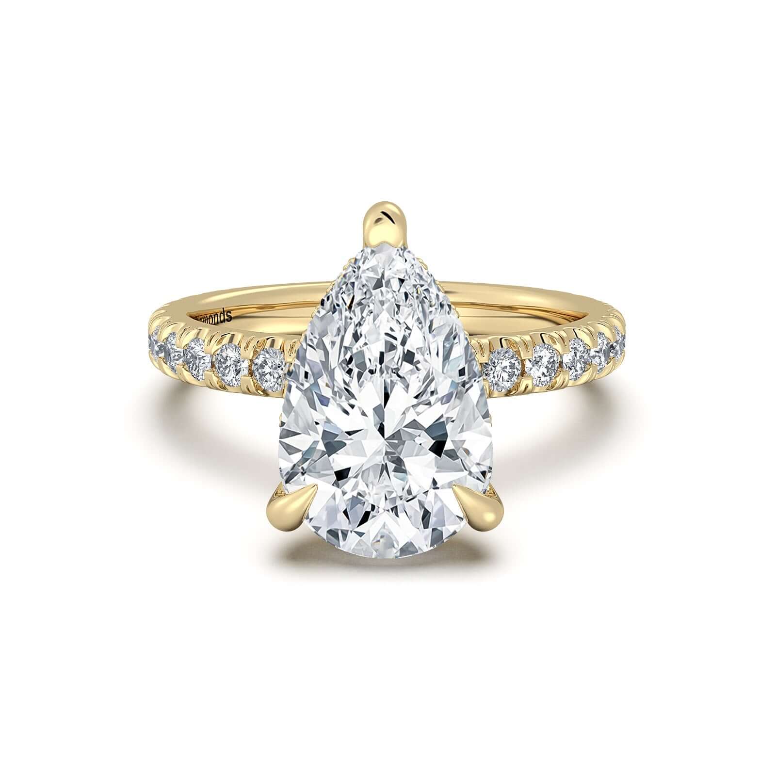 Yellow Gold Pear Diamond Engagement Ring with Pave Band With Hidden Halo | Waco Diamonds Is Located In Waco, TX | Central Texas' #1 Engagement Ring Store With Lifetime Warranty