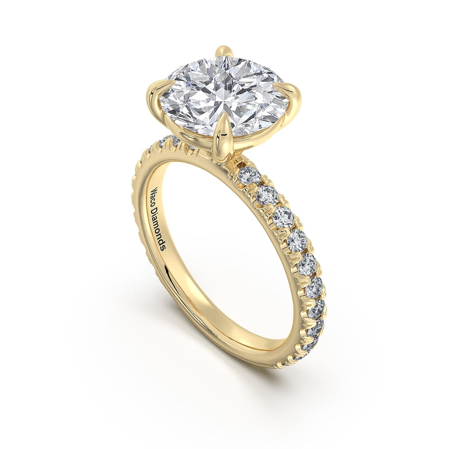 Yellow Gold Round Diamond Engagement Ring with Pave Band Side Profile | Waco Diamonds Is Located In Waco, TX | Central Texas' #1 Engagement Ring Store With Lifetime Warranty