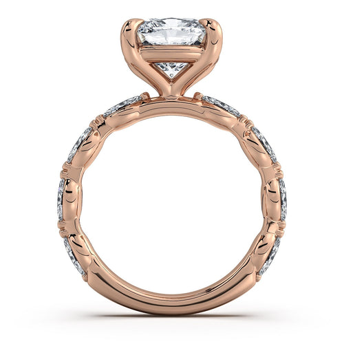 Load image 1 in gallery view. Rose Gold Cushion Diamond Engagement Ring with Marquise Side Stone Band | Waco Diamonds Is Located In Waco, TX | Central Texas' #1 Engagement Ring Store With Lifetime Warranty