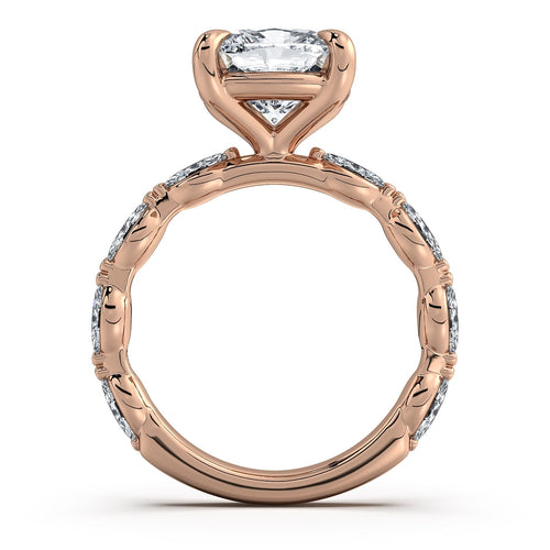 Load image 1 in gallery view. Rose Gold Cushion Diamond Engagement Ring with Marquise Side Stone Band Profile View | Waco Diamonds Is Located In Waco, TX | Central Texas' #1 Engagement Ring Store With Lifetime Warranty