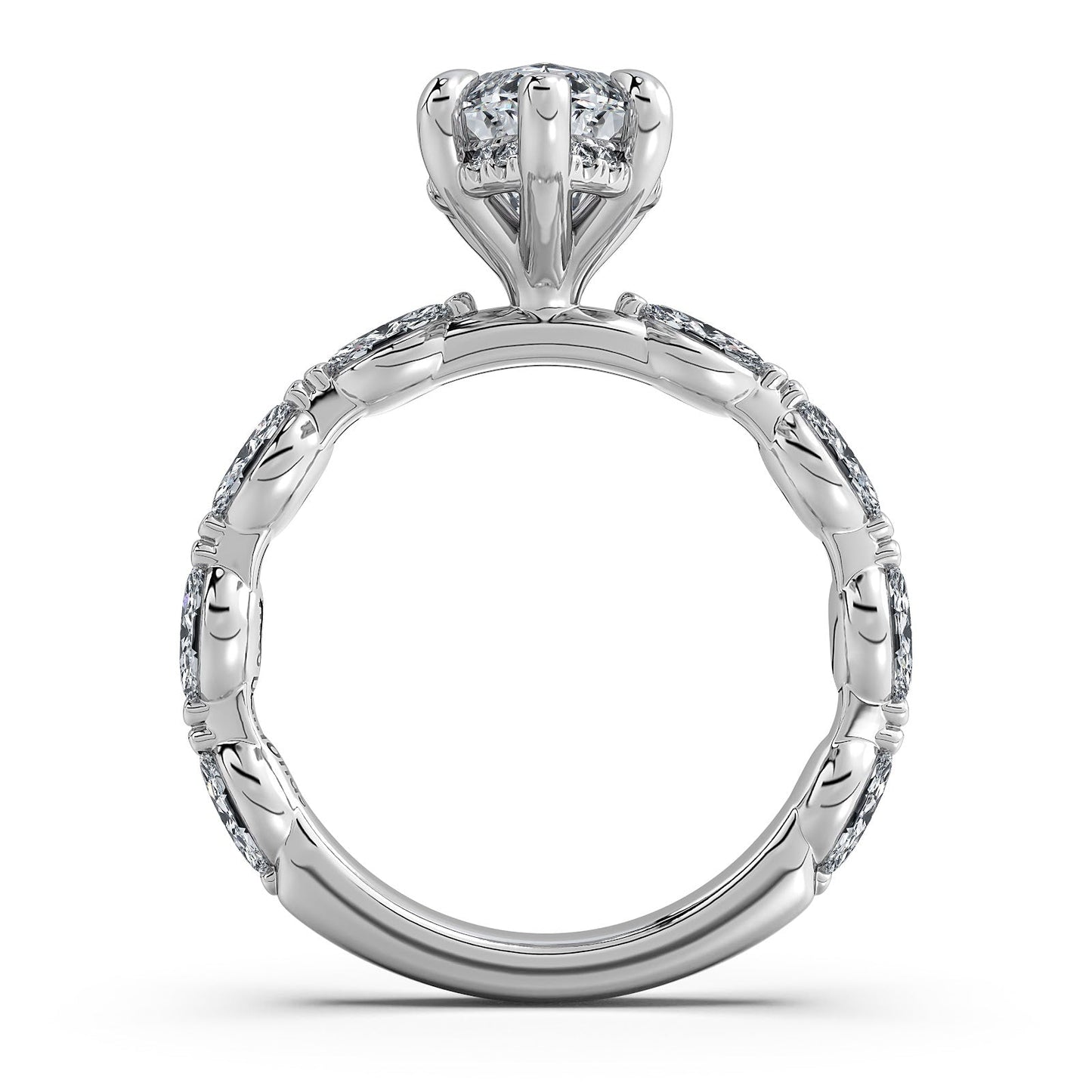 White Gold Marquise Diamond Engagement Ring with Marquise Side Stone Band Profile View | Waco Diamonds Is Located In Waco, TX | Central Texas' #1 Engagement Ring Store With Lifetime Warranty