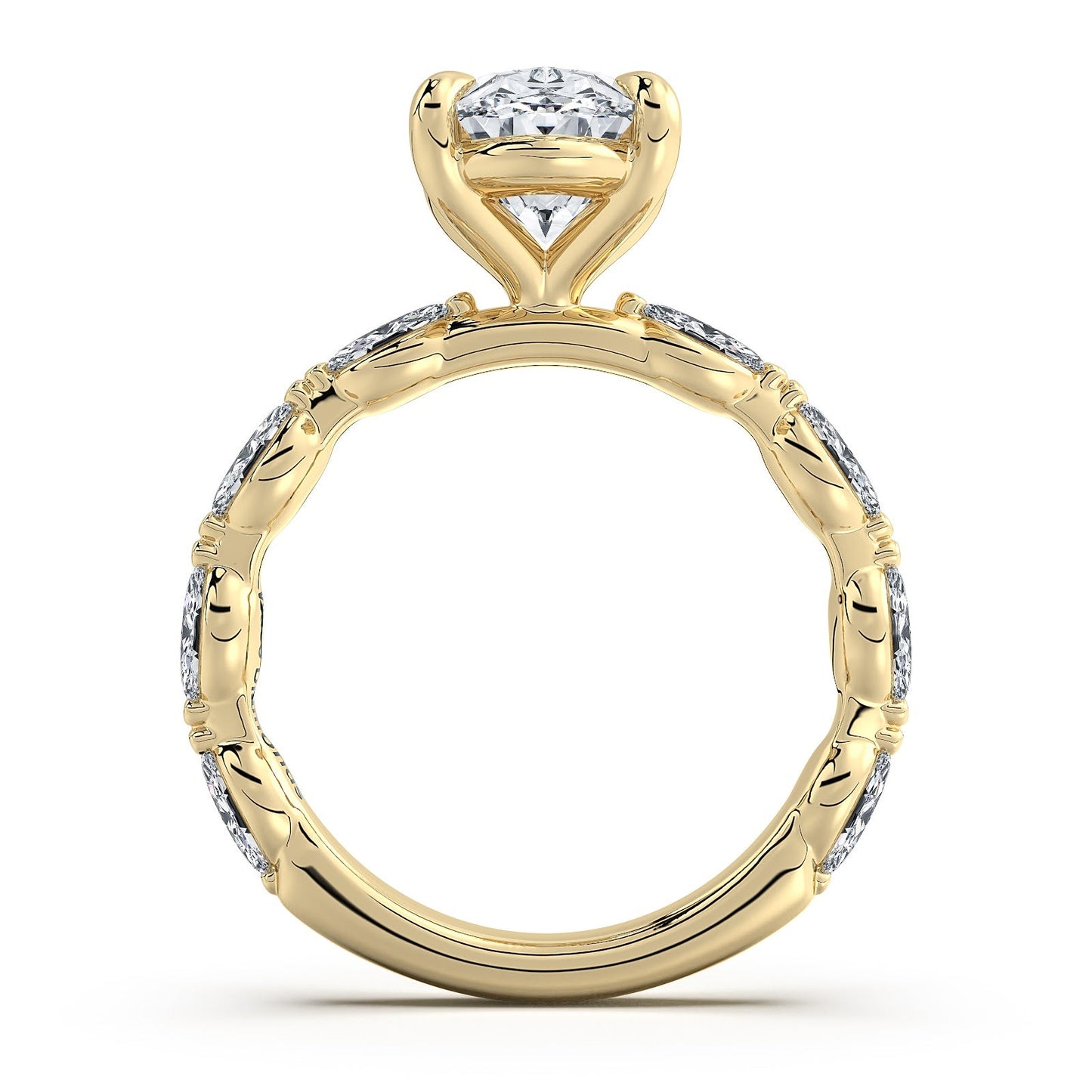 Yellow Gold Oval Diamond Engagement Ring with Marquise Side Stone Band Profile View | Waco Diamonds Is Located In Waco, TX | Central Texas' #1 Engagement Ring Store With Lifetime Warranty