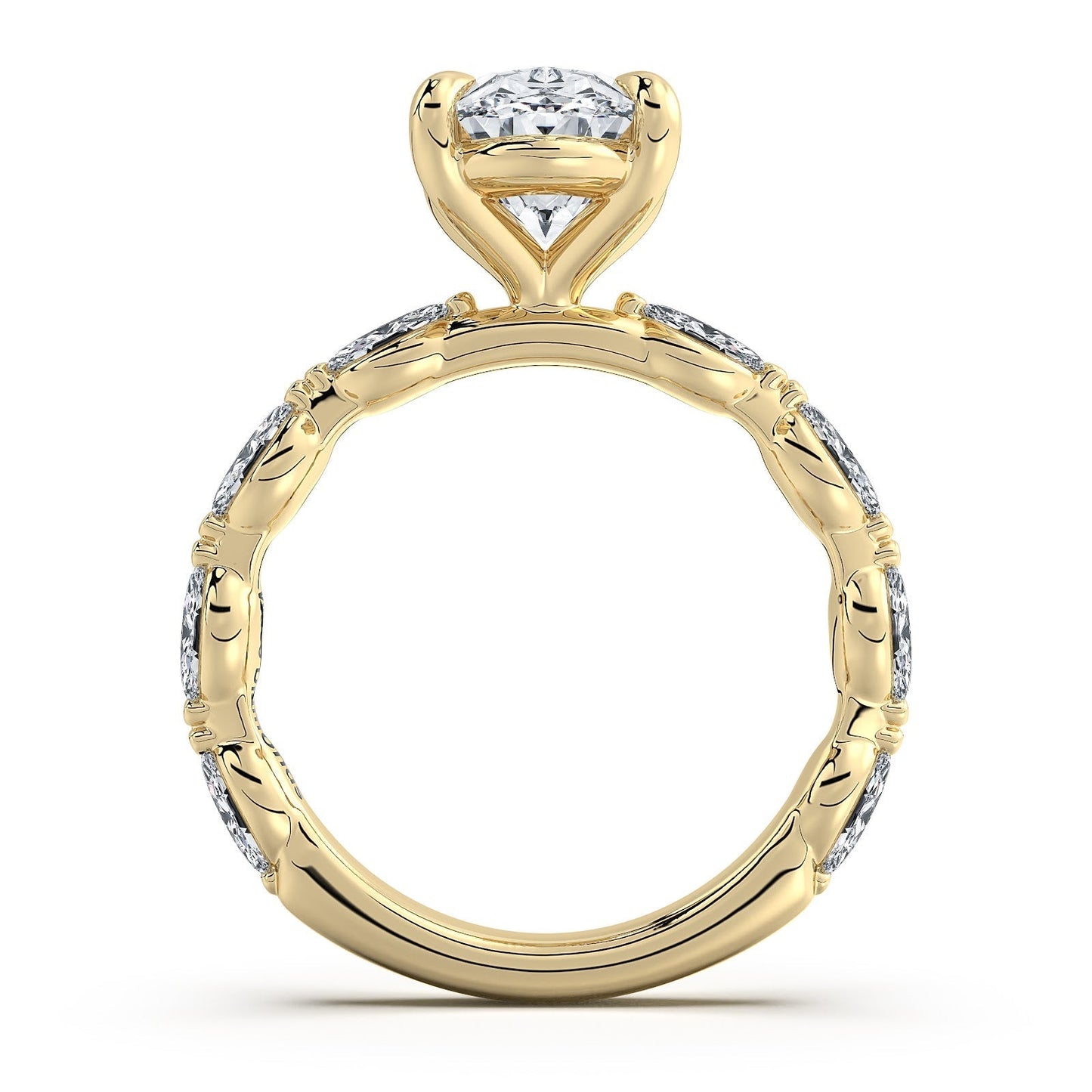 Yellow Gold Oval Diamond Engagement Ring with Marquise Side Stone Band | Waco Diamonds Is Located In Waco, TX | Central Texas' #1 Engagement Ring Store With Lifetime Warranty