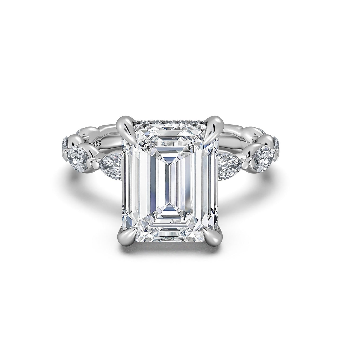 White Gold Emerald Diamond Engagement Ring with Marquise Side Stone Band | Waco Diamonds Is Located In Waco, TX | Central Texas' #1 Engagement Ring Store With Lifetime Warranty
