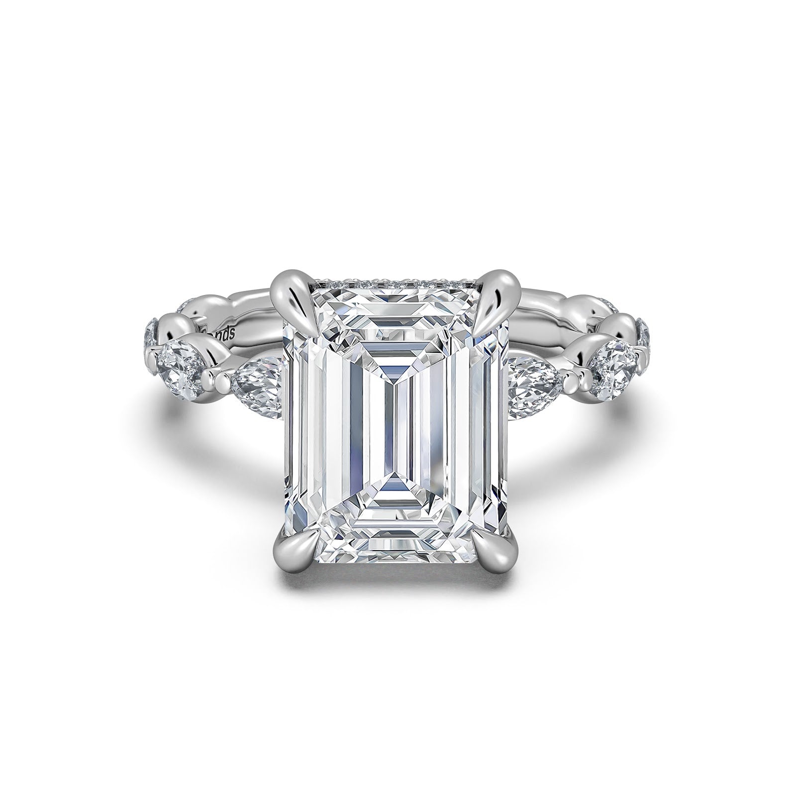 White Gold Emerald Diamond Engagement Ring with Marquise Side Stone Band | Waco Diamonds Is Located In Waco, TX | Central Texas' #1 Engagement Ring Store With Lifetime Warranty